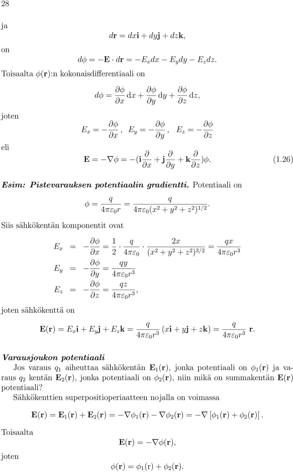 Potentiaali on φ = r = iis sähkökentän komponentit ovat joten sähkökenttä on E x = φ x = 1 2 E y = φ y = E z = φ z = y r 3 z r, 3 E(r) =E x i + E y j + E z k = (x 2 + y 2 + z 2 ) 1/2.