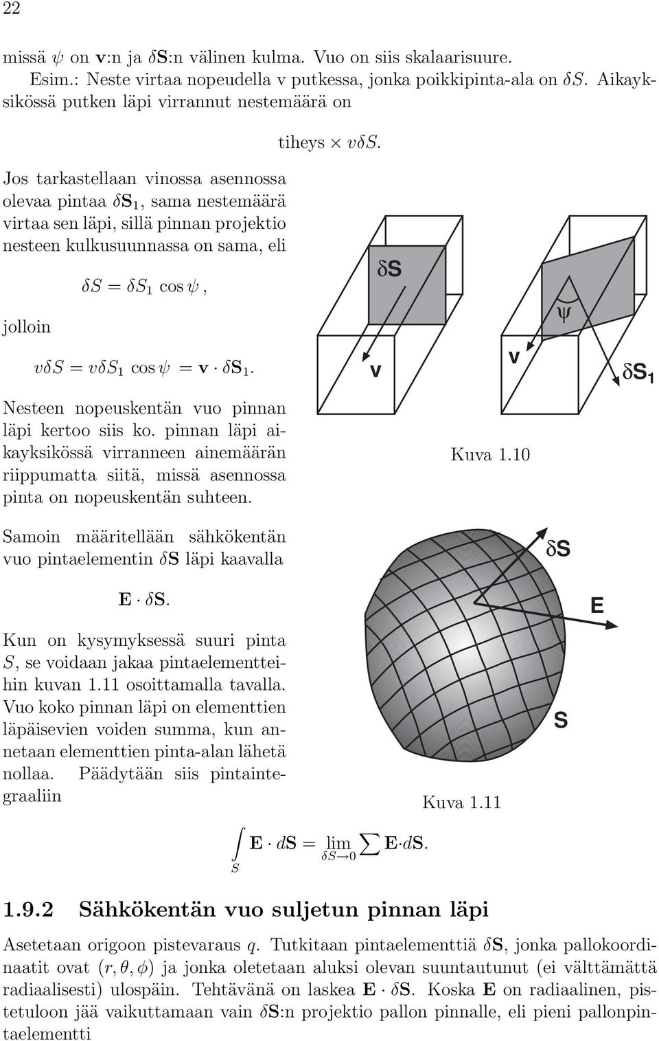 v δ v ψ δ 1 Nesteen nopeuskentän vuo pinnan läpi kertoo siis ko. pinnan läpi aikayksikössä virranneen ainemäärän riippumatta siitä, missä asennossa pinta on nopeuskentän suhteen. Kuva 1.