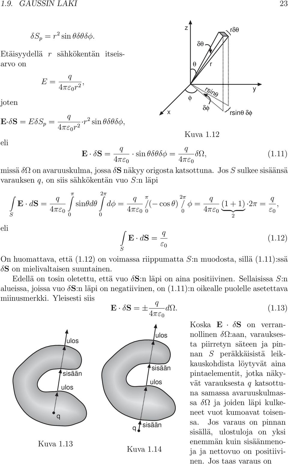 Jos sulkee sisäänsä varauksen, on siis sähkökentän vuo :n läpi eli E d = π 0 sinθdθ 2π 0 dφ = π / 0 ( cos θ) 2π / φ = 0 (1 + 1) 2π =, } {{ } ε 0 E d = ε 0 (1.12) On huomattava, että (1.