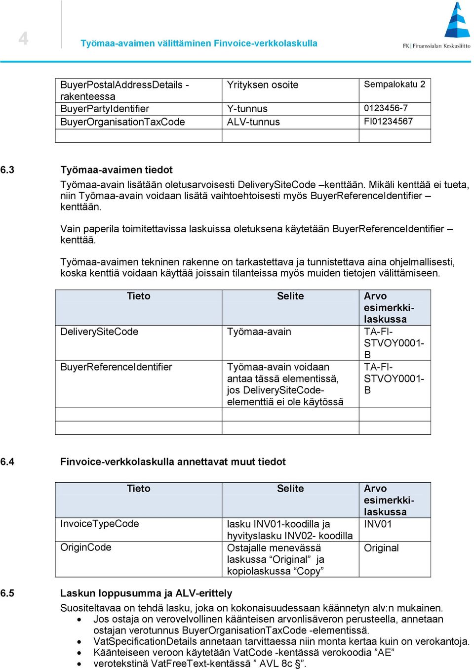 Mikäli kenttää ei tueta, niin Työmaa-avain voidaan lisätä vaihtoehtoisesti myös BuyerReferenceIdentifier kenttään.