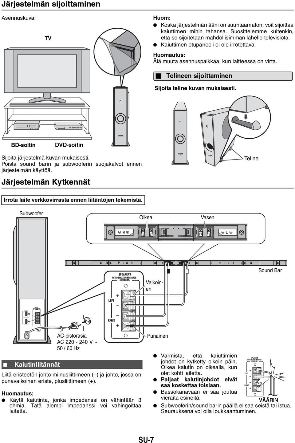 Telineen sijoittaminen Sijoita teline kuvan mukaisesti. ACTIVE SUBWOOFER SYSTEM BD-soitin DVD-soitin SUBWOOFER SYSTEM ACTIVE SUBWOOFER SYSTEM Sijoita järjestelmä kuvan mukaisesti.