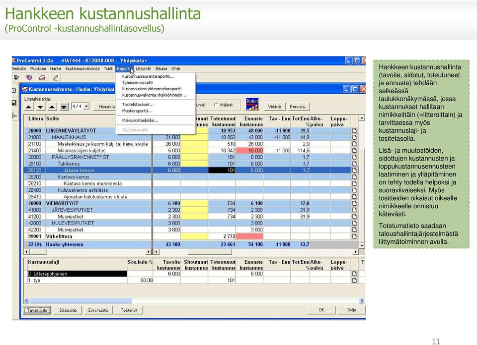 Lisä- ja muutostöiden, sidottujen kustannusten ja loppukustannusennusteen laatiminen ja ylläpitäminen on tehty todella helpoksi ja