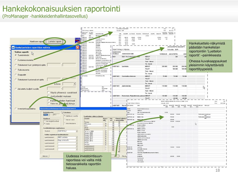 kuvakaappaukset yleisimmin käytettävistä raporttityypeistä.