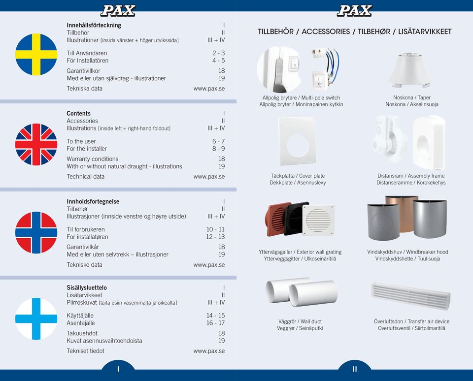 se I II III + IV To the user 6-7 For the installer 8-9 Warranty conditions 18 With or without natural draught - illustrations 19 Technical data www.pax.