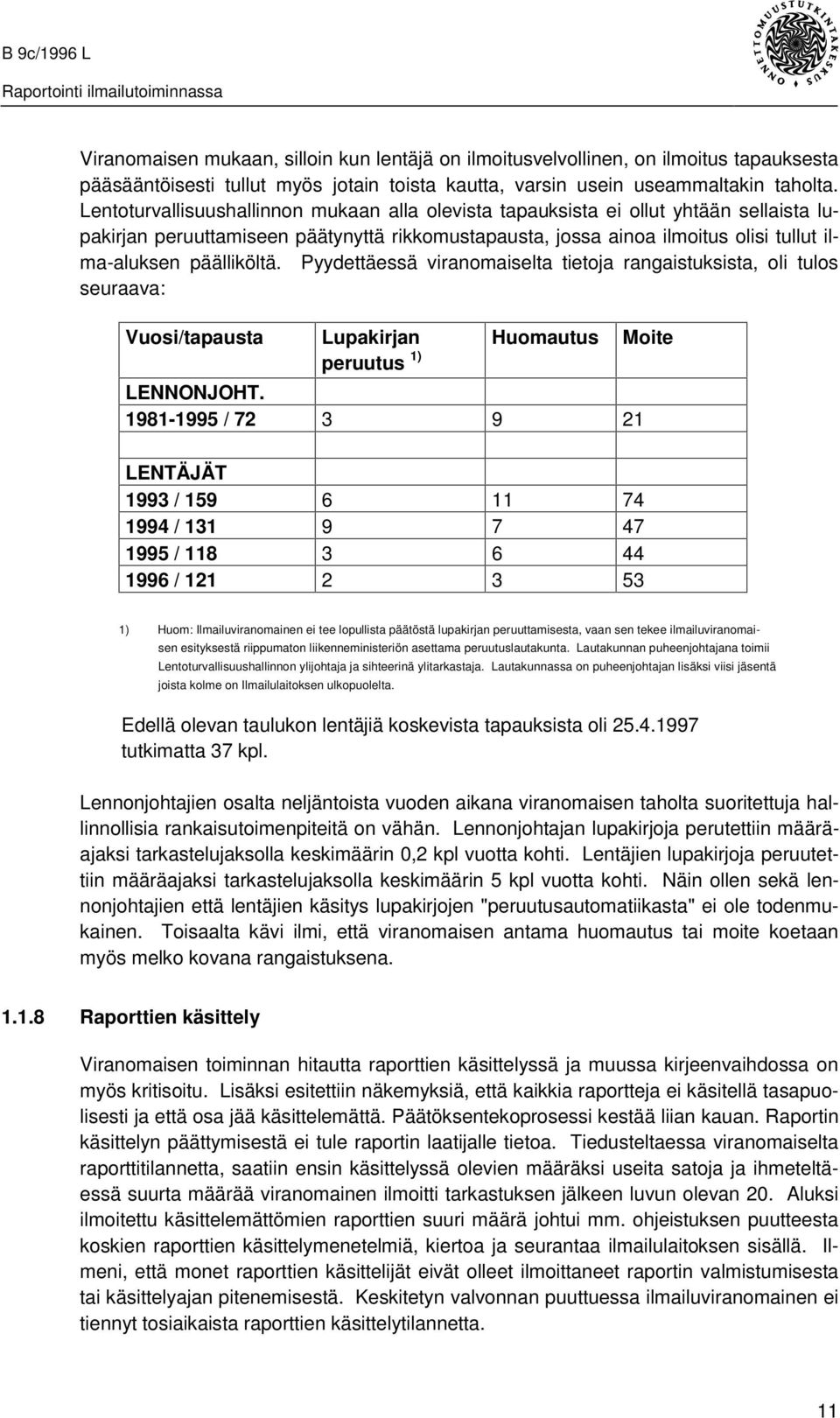 Pyydettäessä viranomaiselta tietoja rangaistuksista, oli tulos seuraava: Huomautus Moite Vuosi/tapausta Lupakirjan peruutus 1) LENNONJOHT.