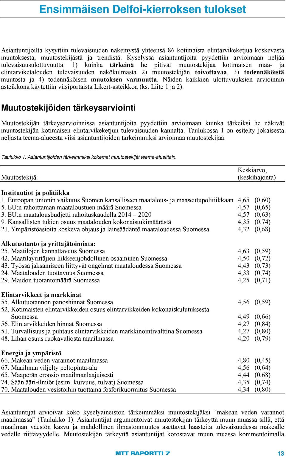 muutostekijän toivottavaa, 3) todennäköistä muutosta ja 4) todennäköisen muutoksen varmuutta. Näiden kaikkien ulottuvuuksien arvioinnin asteikkona käytettiin viisiportaista Likert-asteikkoa (ks.