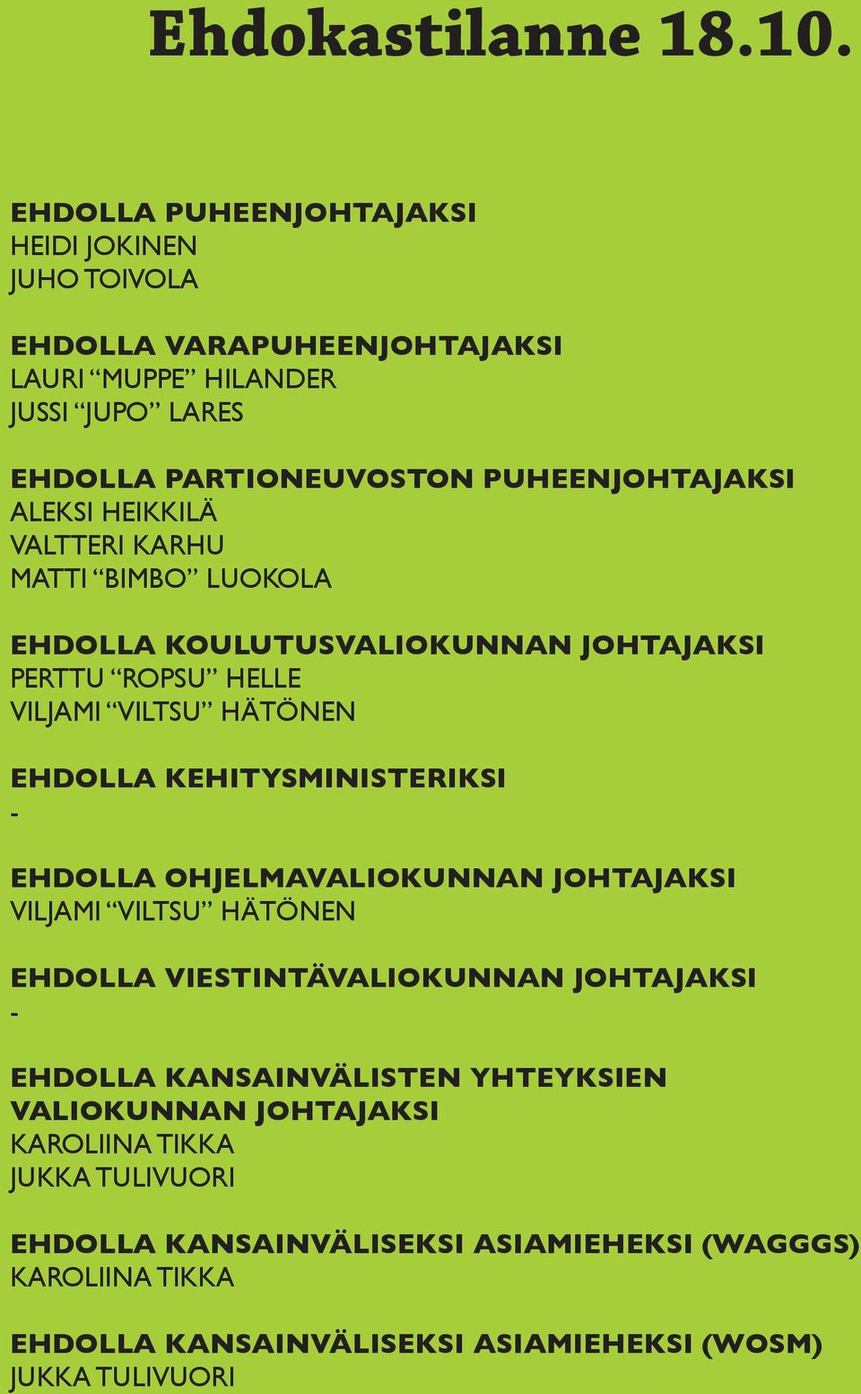 ALEKSI HEIKKILÄ VALTTERI KARHU MATTI BIMBO LUOKOLA EHDOLLA KOULUTUSVALIOKUNNAN JOHTAJAKSI PERTTU ROPSU HELLE VILJAMI VILTSU HÄTÖNEN EHDOLLA KEHITYSMINISTERIKSI -