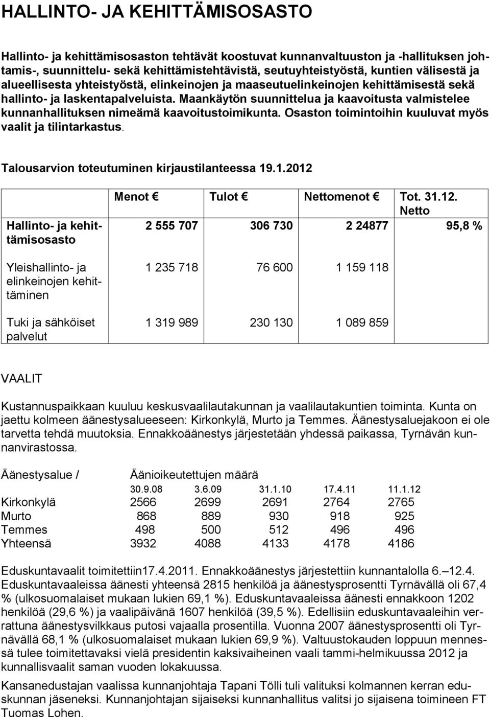 Maankäytön suunnittelua ja kaavoitusta valmistelee kunnanhallituksen nimeämä kaavoitustoimikunta. Osaston toimintoihin kuuluvat myös vaalit ja tilintarkastus.