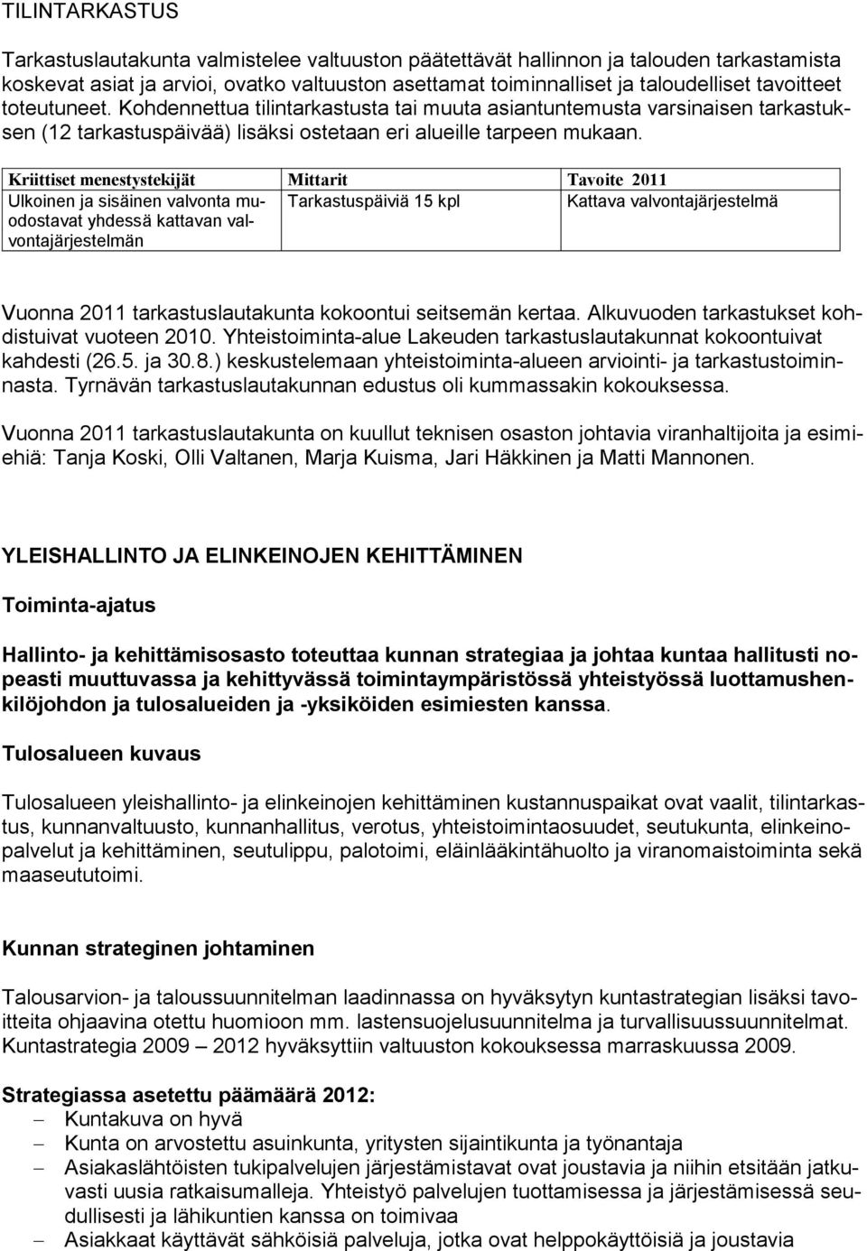 Kriittiset menestystekijät Mittarit Tavoite 2011 Ulkoinen ja sisäinen valvonta muodostavat yhdessä kattavan valvontajärjestelmän Tarkastuspäiviä 15 kpl Kattava valvontajärjestelmä Vuonna 2011