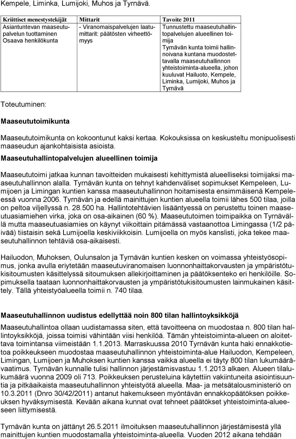 maaseutuhallintopalvelujen alueellinen toimija Tyrnävän kunta toimii hallinnoivana kuntana muodostettavalla maaseutuhallinnon yhteistoiminta-alueella, johon kuuluvat Hailuoto, Kempele, Liminka,