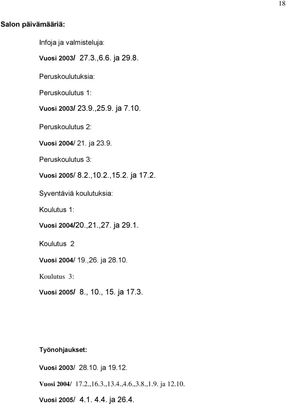 ,21.,27. ja 29.1. Koulutus 2 Vuosi 2004/ 19.,26. ja 28.10. Koulutus 3: Vuosi 2005/ 8., 10., 15. ja 17.3. Työnohjaukset: Vuosi 2003/ 28.