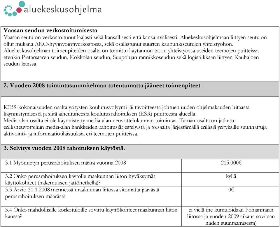 Aluekeskusohjelman toimenpiteiden osalta on toimittu käytännön tason yhteistyössä useiden teemojen puitteissa etenkin Pietarsaaren seudun, Kokkolan seudun, Suupohjan rannikkoseudun sekä logistiikkaan