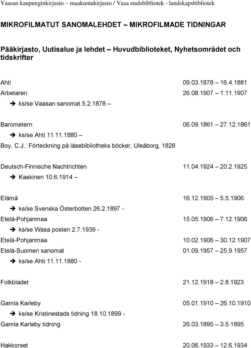 2.1925 Kaskinen 10.6.1914 Elämä 16.12.1905 5.5.1906 ks/se Svenska Österbotten 26.2.1897 - Etelä-Pohjanmaa 15.05.1906 7.12.1906 ks/se Wasa posten 2.7.1939 - Etelä-Pohjanmaa 10.02.1906 30.12.1907 Etelä-Suomen sanomat 01.