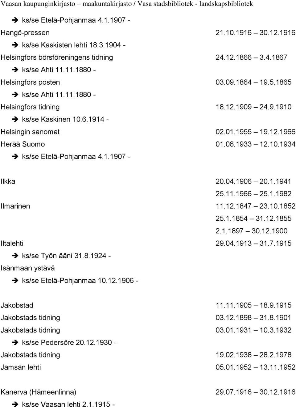 1933 12.10.1934 ks/se Etelä-Pohjanmaa 4.1.1907 - Ilkka 20.04.1906 20.1.1941 25.11.1966 25.1.1982 Ilmarinen 11.12.1847 23.10.1852 25.1.1854 31.12.1855 2.1.1897 30.12.1900 Iltalehti 29.04.1913 31.7.1915 ks/se Työn ääni 31.