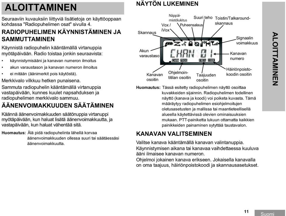 Radio toistaa jonkin seuraavista: käynnistymisääni ja kanavan numeron ilmoitus akun varaustason ja kanavan numeron ilmoitus ei mitään (äänimerkit pois käytöstä). Merkkivalo vilkkuu hetken punaisena.