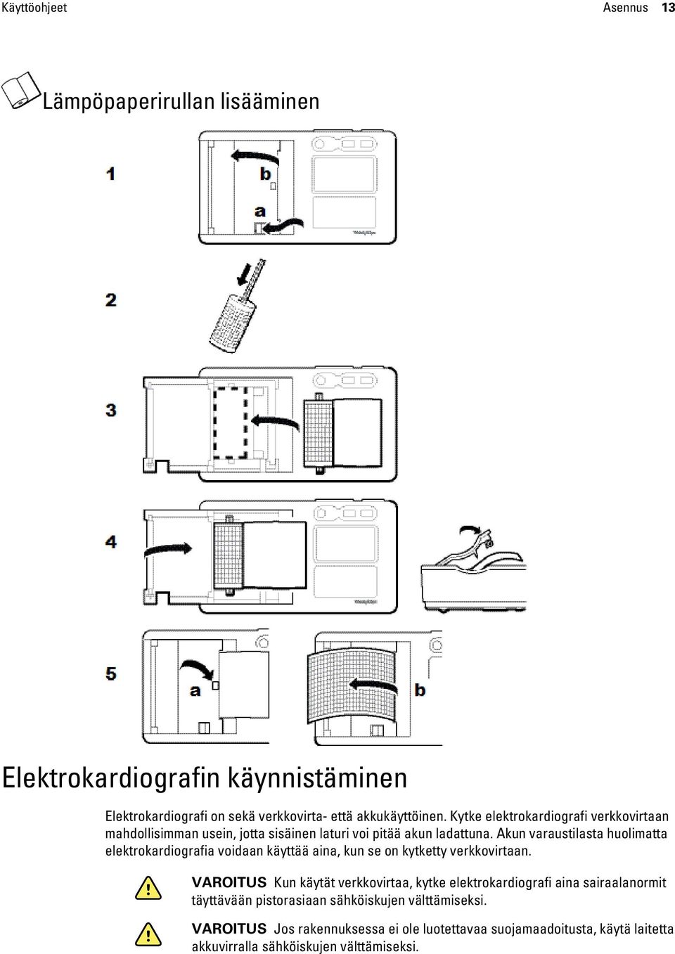 Akun varaustilasta huolimatta elektrokardiografia voidaan käyttää aina, kun se on kytketty verkkovirtaan.