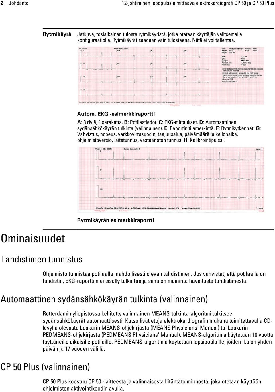 D: Automaattinen sydänsähkökäyrän tulkinta (valinnainen). E: Raportin tilamerkintä. F: Rytmikytkennät.