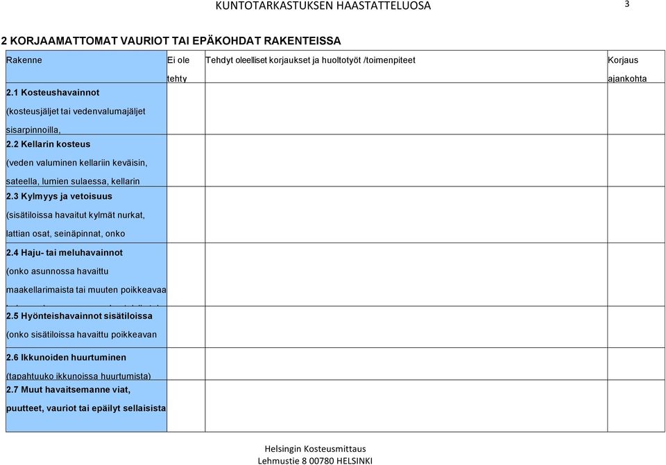 3 Kylmyys ja vetoisuus (sisätiloissa havaitut kylmät nurkat, lattian osat, seinäpinnat, onko 2.