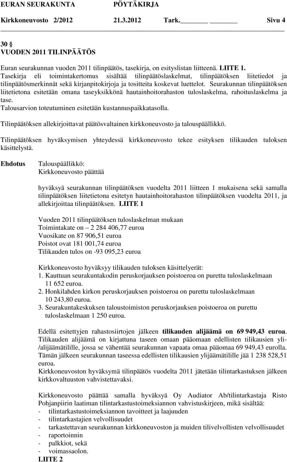 Seurakunnan tilinpäätöksen liitetietona esitetään omana taseyksikkönä hautainhoitorahaston tuloslaskelma, rahoituslaskelma ja tase. Talousarvion toteutuminen esitetään kustannuspaikkatasolla.