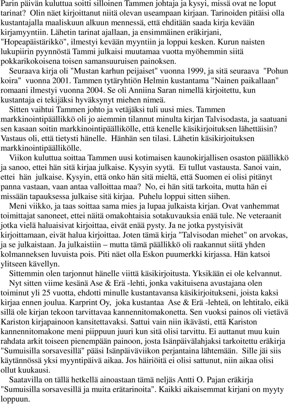 Lähetin tarinat ajallaan, ja ensimmäinen eräkirjani, "Hopeapäistärikkö", ilmestyi kevään myyntiin ja loppui kesken.