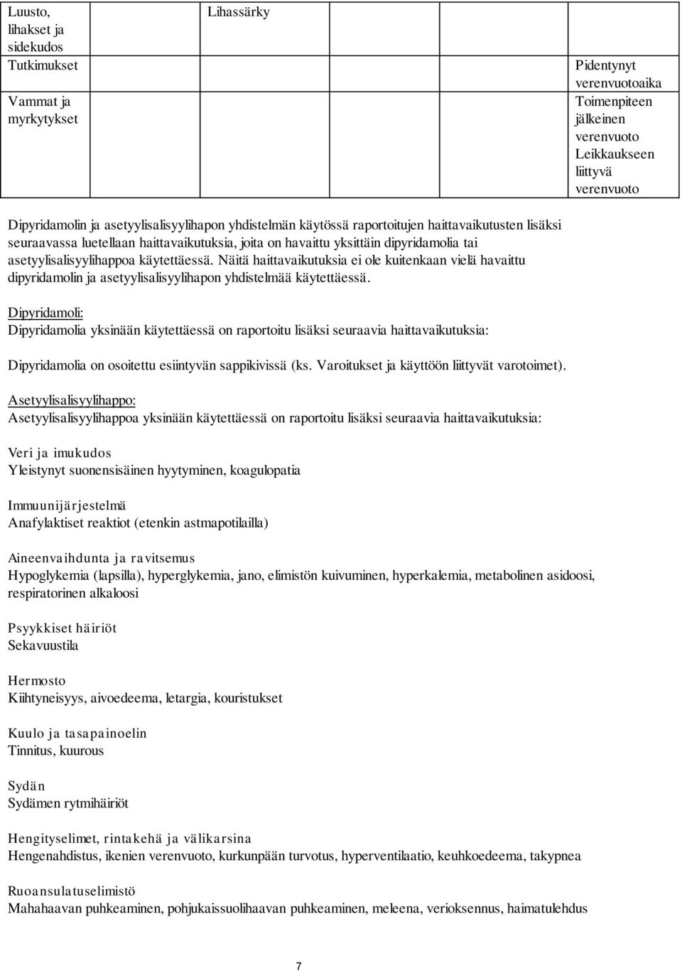 käytettäessä. Näitä haittavaikutuksia ei ole kuitenkaan vielä havaittu dipyridamolin ja asetyylisalisyylihapon yhdistelmää käytettäessä.