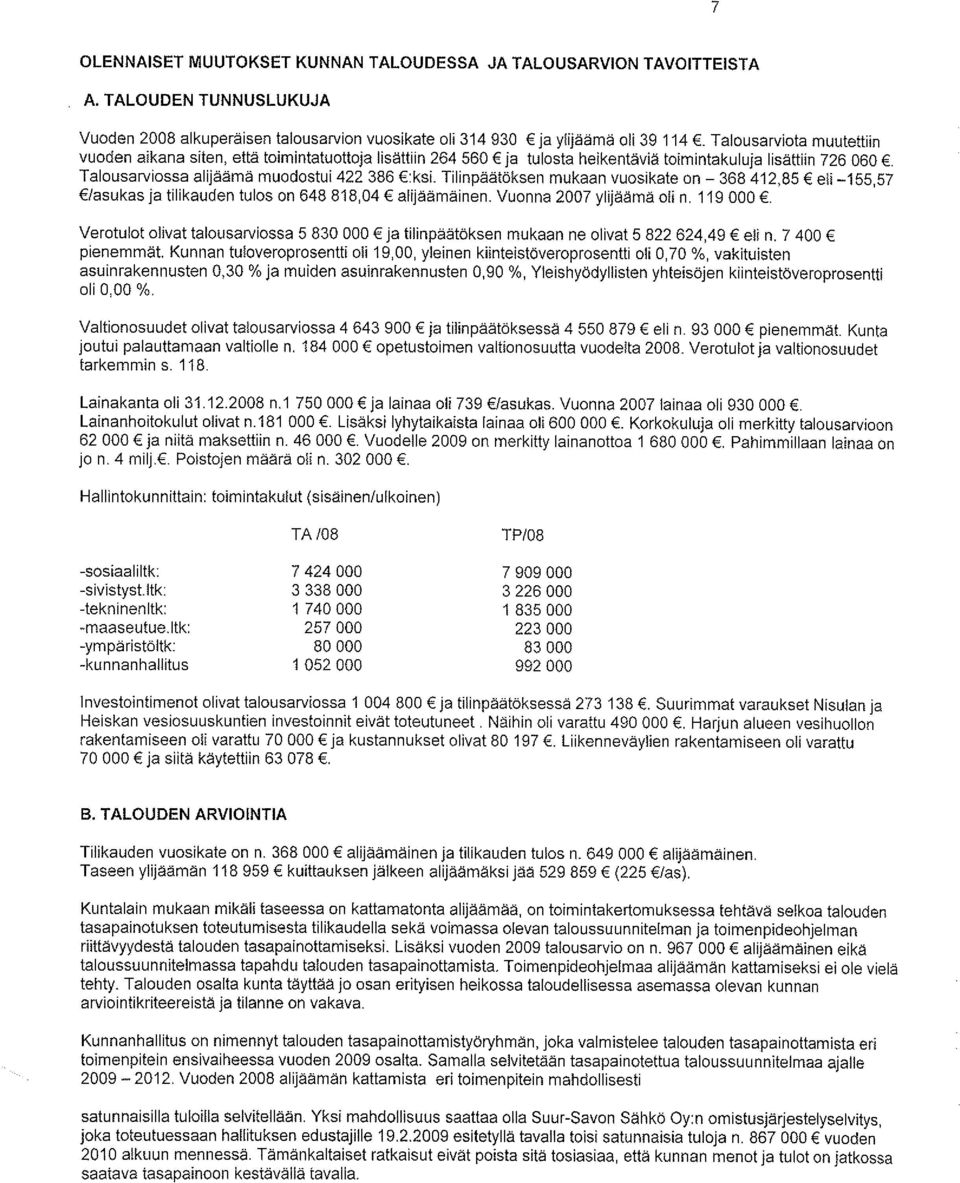 Tilinpäätöksen mukaan vuosikate on - 368 412,85 eli -155,57 /asukas ja tilikauden tulos on 648 818,04 alijäämäinen. Vuonna 2007 ylijäämä oli n. 119000.