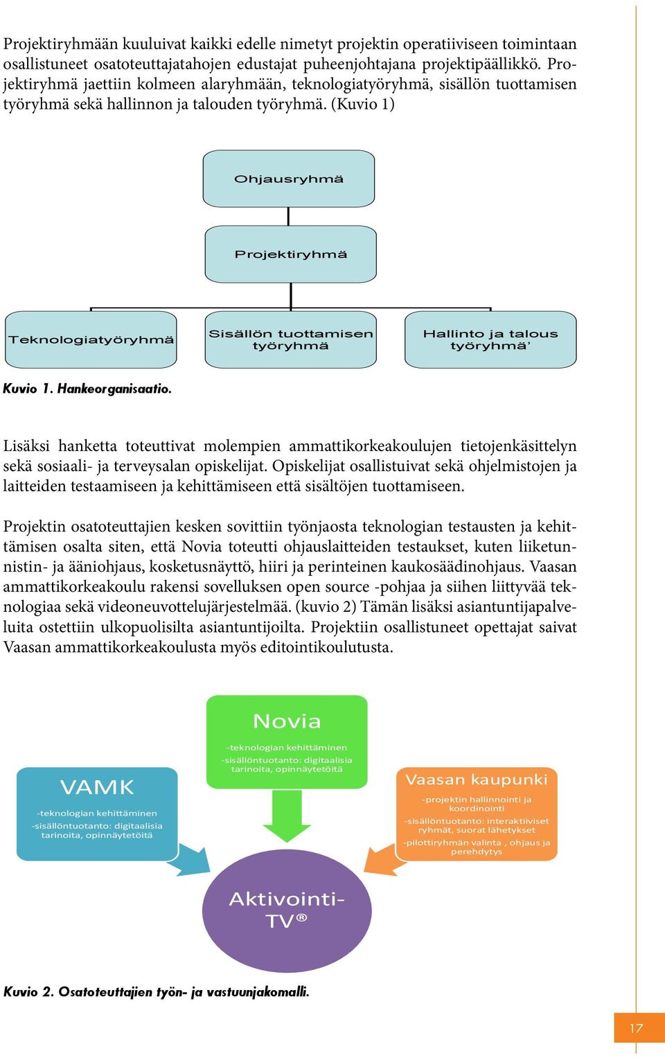 projektin Projektiryhmä operatiiviseen jaettiin toimintaan kolmeen alaryhmään, osallistuneet teknologiatyöryhmä, osatoteuttajatahojen sisällön edustajat tuottamisen puheenjohtajana työryhmä sekä 