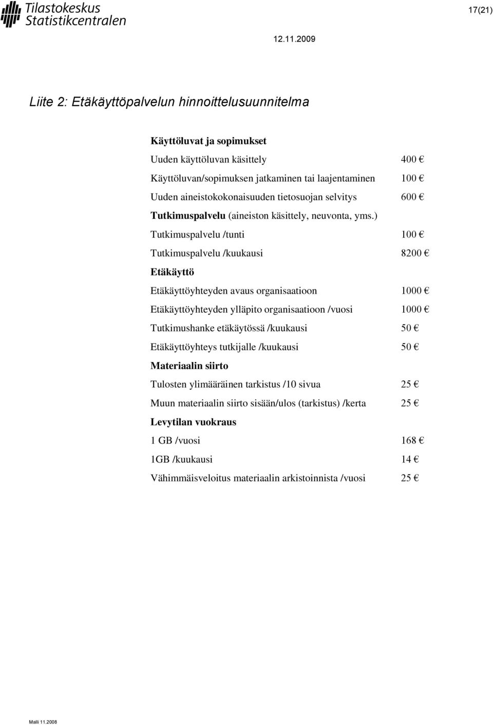 ) Tutkimuspalvelu /tunti 100 Tutkimuspalvelu /kuukausi 8200 Etäkäyttö Etäkäyttöyhteyden avaus organisaatioon 1000 Etäkäyttöyhteyden ylläpito organisaatioon /vuosi 1000 Tutkimushanke