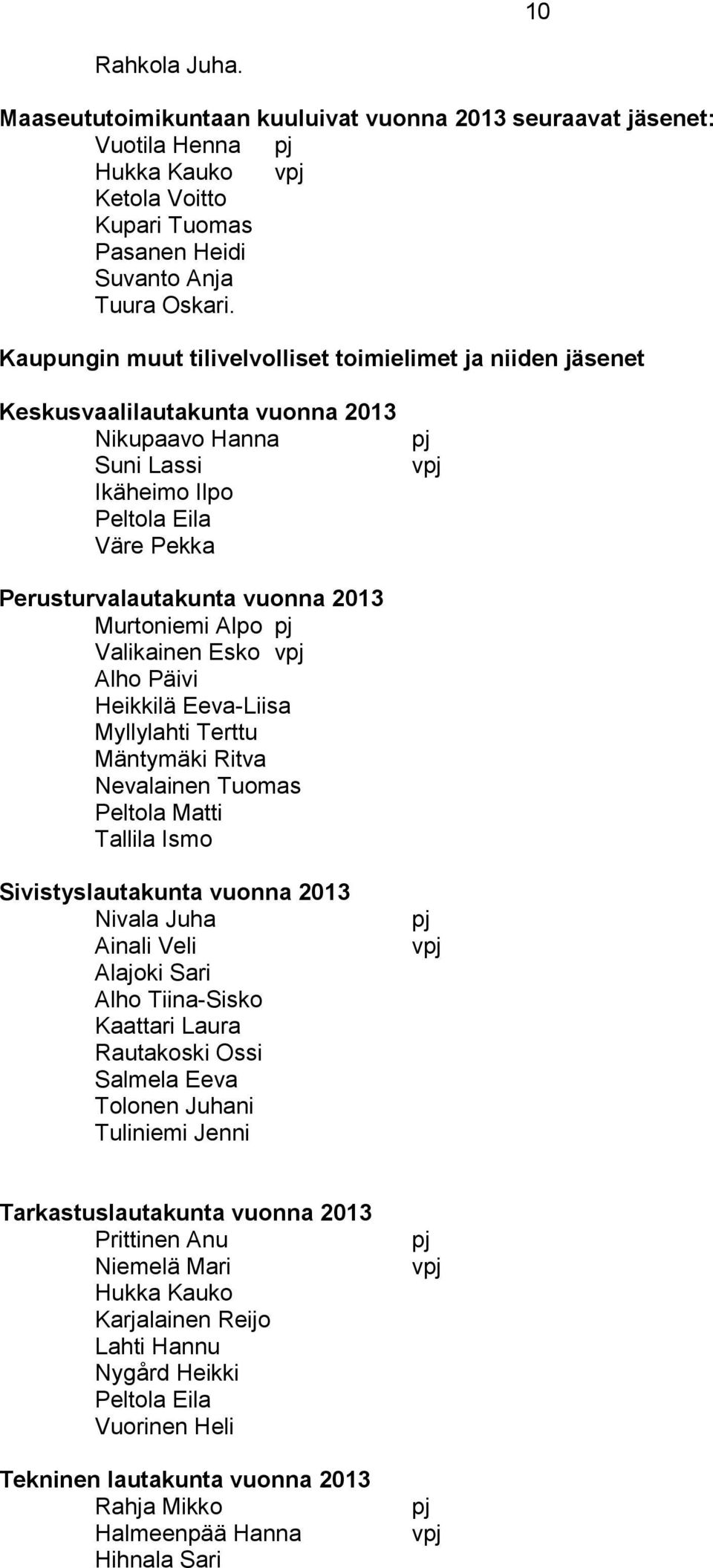 Murtoniemi Alpo pj Valikainen Esko vpj Alho Päivi Heikkilä Eeva-Liisa Myllylahti Terttu Mäntymäki Ritva Nevalainen Tuomas Peltola Matti Tallila Ismo Sivistyslautakunta vuonna 2013 Nivala Juha Ainali