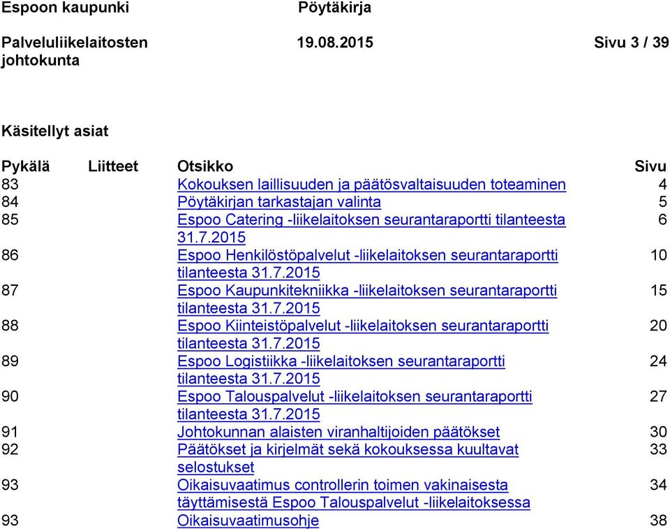 seurantaraportti tilanteesta 6 31.7.2015 86 Espoo Henkilöstöpalvelut -liikelaitoksen seurantaraportti 10 tilanteesta 31.7.2015 87 Espoo Kaupunkitekniikka -liikelaitoksen seurantaraportti 15 tilanteesta 31.