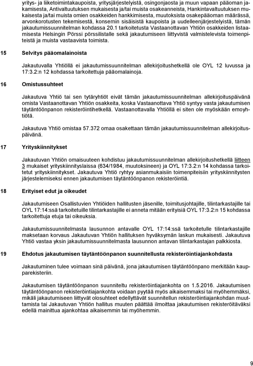 kohdassa 20.1 tarkoitetusta Vastaanottavan Yhtiön osakkeiden listaamisesta Helsingin Pörssi pörssilistalle sekä jakautumiseen liittyvistä valmistelevista toimenpiteistä ja muista vastaavista toimista.