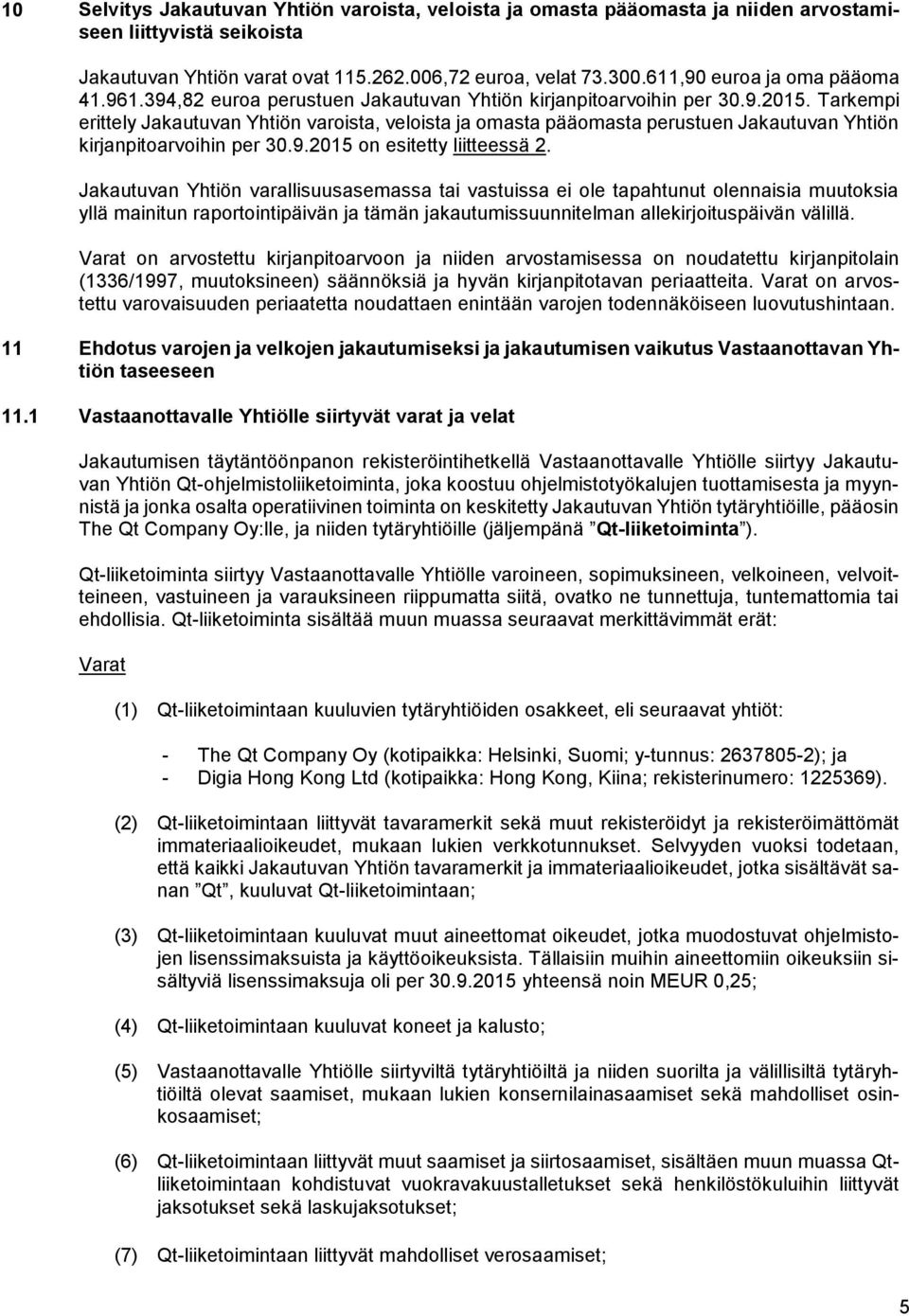 Tarkempi erittely Jakautuvan Yhtiön varoista, veloista ja omasta pääomasta perustuen Jakautuvan Yhtiön kirjanpitoarvoihin per 30.9.2015 on esitetty liitteessä 2.