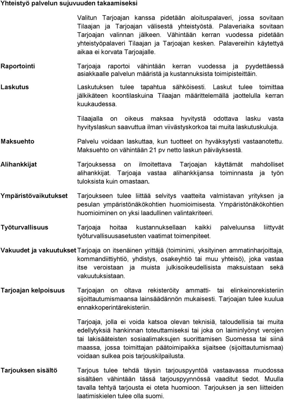 Raportointi Tarjoaja raportoi vähintään kerran vuodessa ja pyydettäessä asiakkaalle palvelun määristä ja kustannuksista toimipisteittäin. Laskutus Laskutuksen tulee tapahtua sähköisesti.