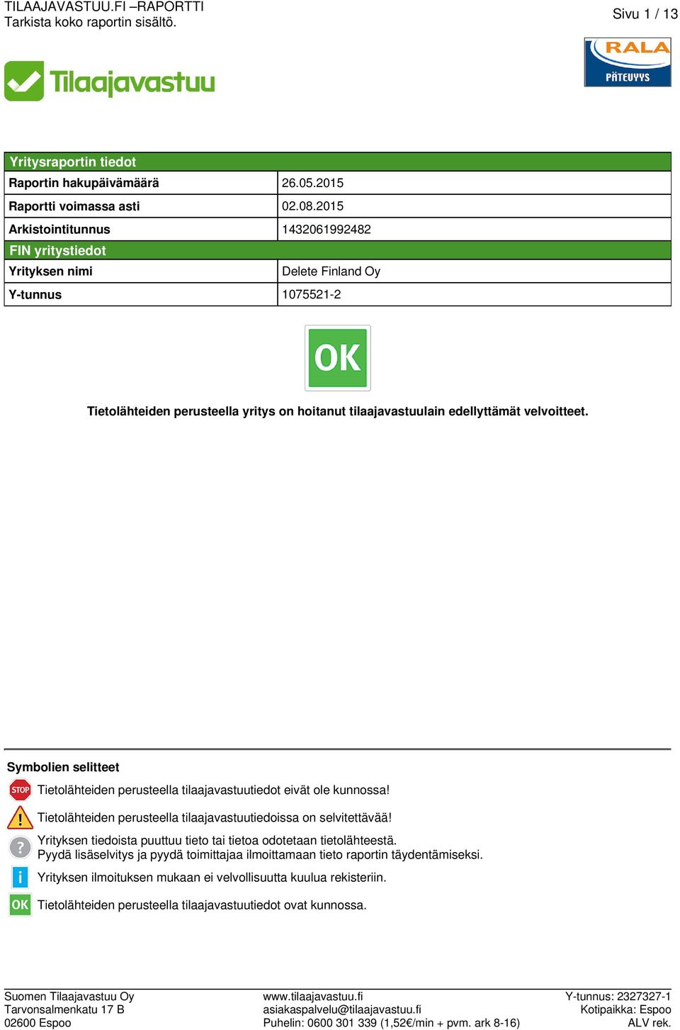 velvoitteet. Symbolien selitteet Tietolähteiden perusteella tilaajavastuutiedot eivät ole kunnossa! Tietolähteiden perusteella tilaajavastuutiedoissa on selvitettävää!