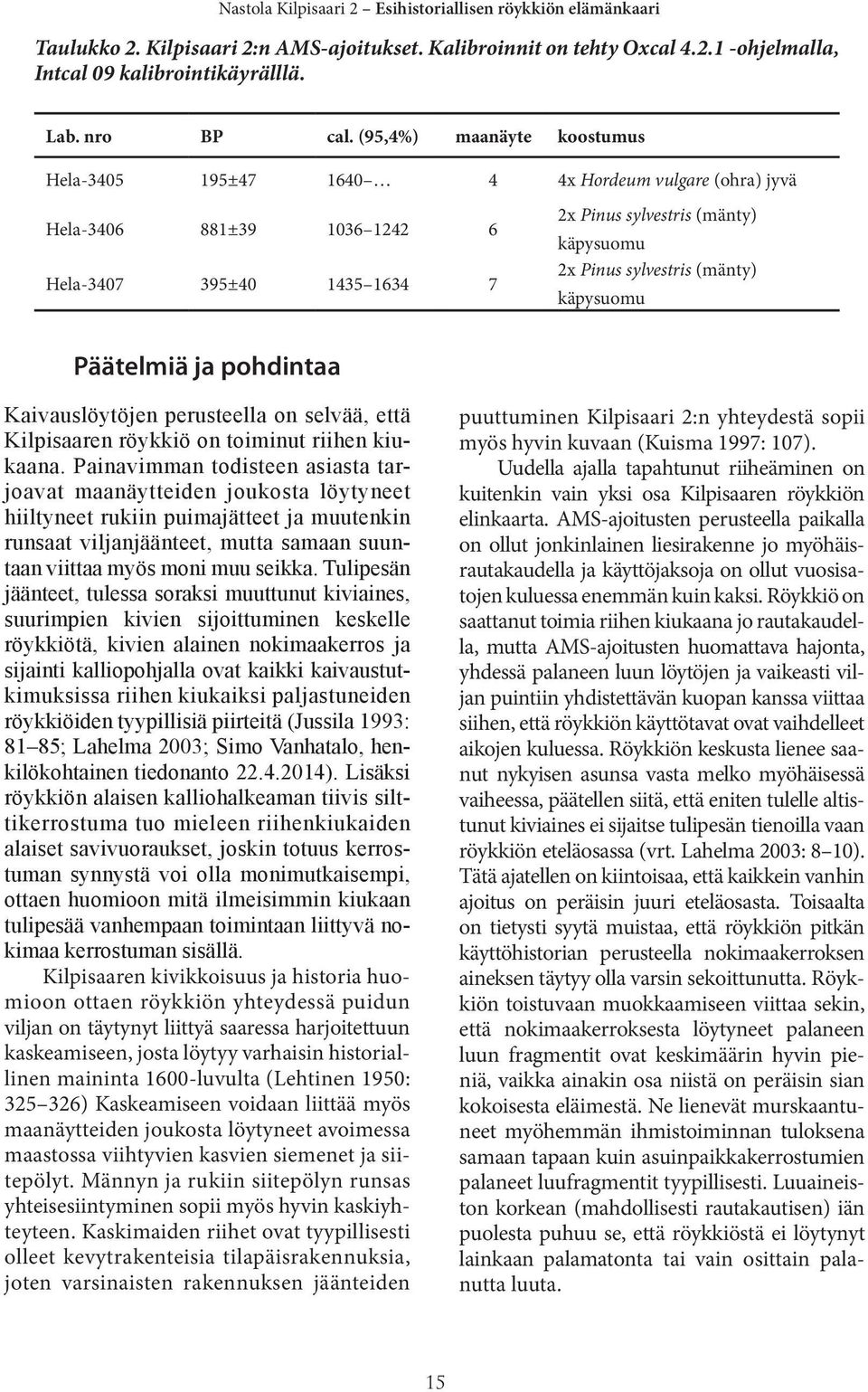 (mänty) käpysuomu Päätelmiä ja pohdintaa Kaivauslöytöjen perusteella on selvää, että Kilpisaaren röykkiö on toiminut riihen kiukaana.