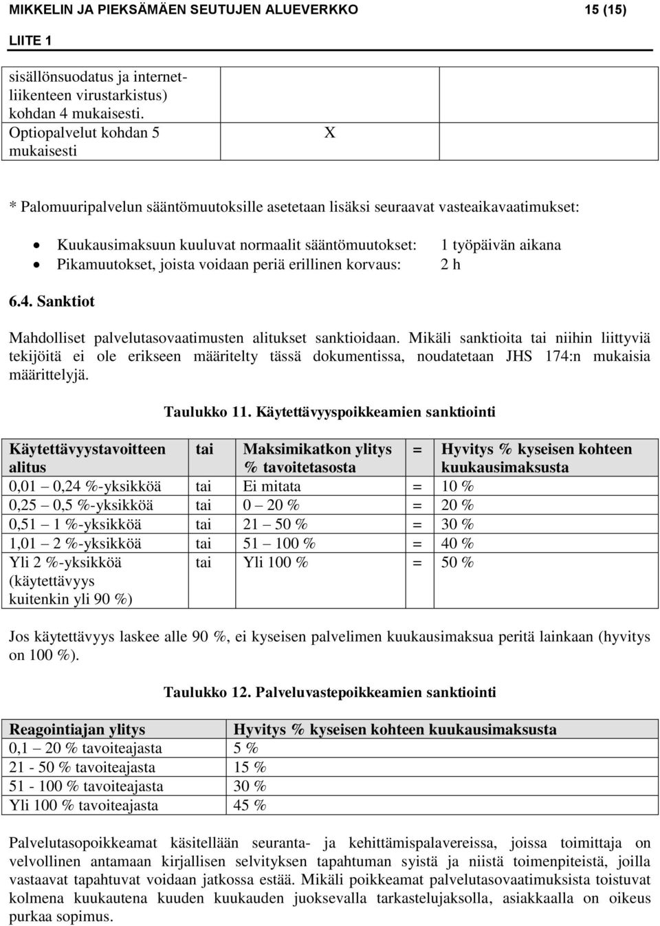 Pikamuutokset, joista voidaan periä erillinen korvaus: 2 h 6.4. Sanktiot Mahdolliset palvelutasovaatimusten alitukset sanktioidaan.