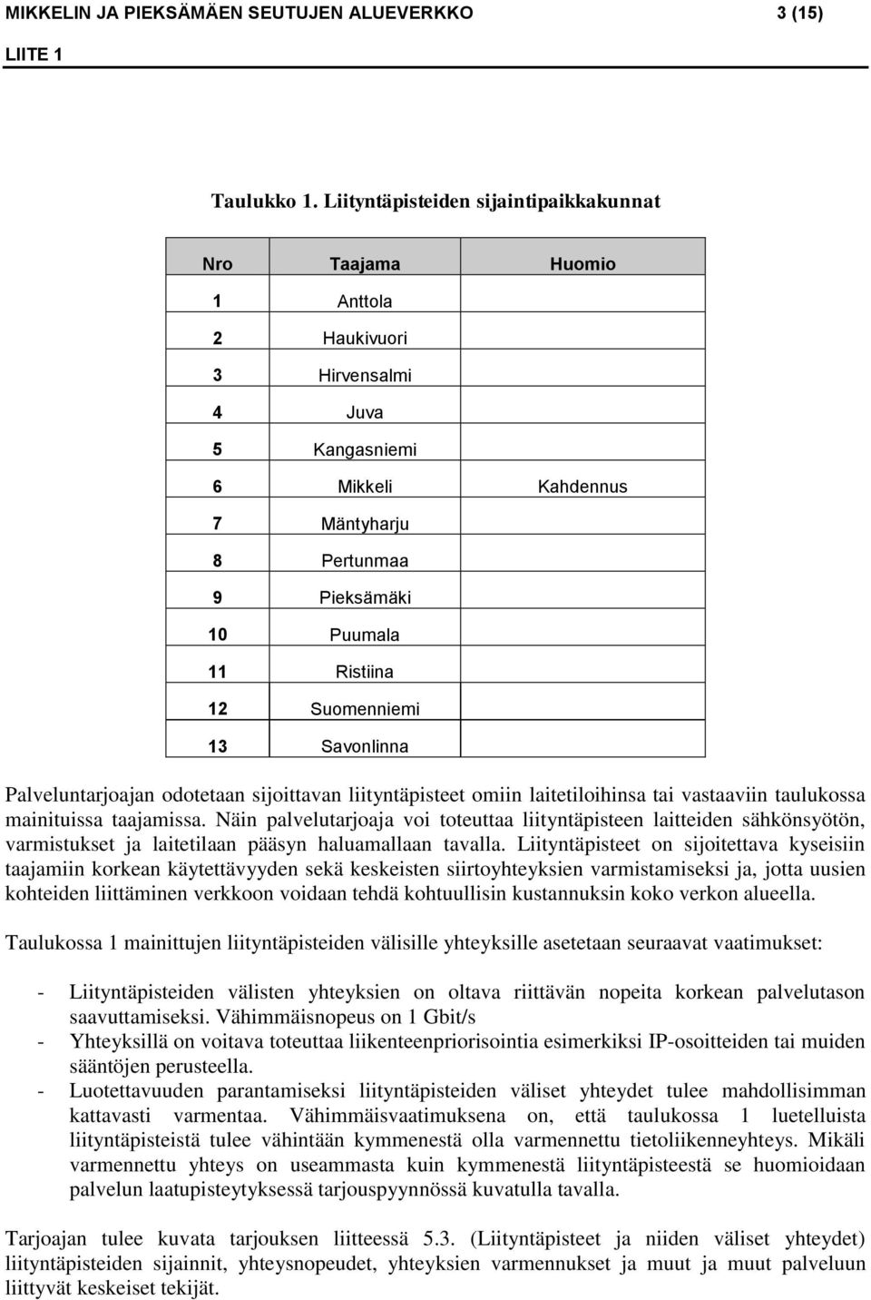 Suomenniemi 13 Savonlinna Palveluntarjoajan odotetaan sijoittavan liityntäpisteet omiin laitetiloihinsa tai vastaaviin taulukossa mainituissa taajamissa.