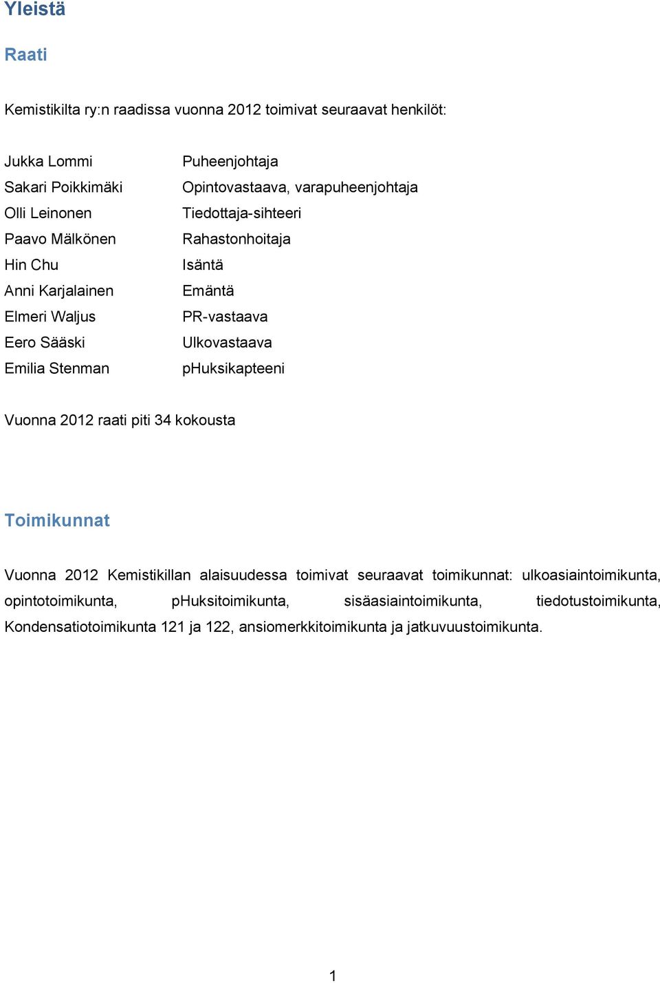 PR-vastaava Ulkovastaava phuksikapteeni Vuonna 2012 raati piti 34 kokousta Toimikunnat Vuonna 2012 Kemistikillan alaisuudessa toimivat seuraavat toimikunnat: