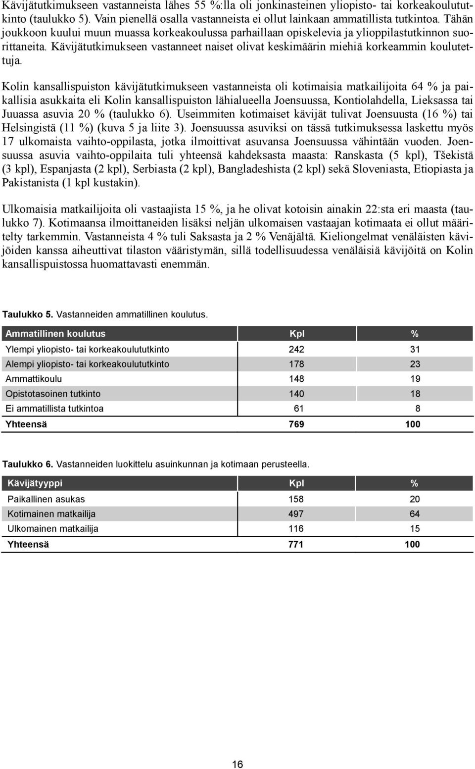 Kolin kansallispuiston kävijätutkimukseen vastanneista oli kotimaisia matkailijoita 64 % ja paikallisia asukkaita eli Kolin kansallispuiston lähialueella Joensuussa, Kontiolahdella, Lieksassa tai