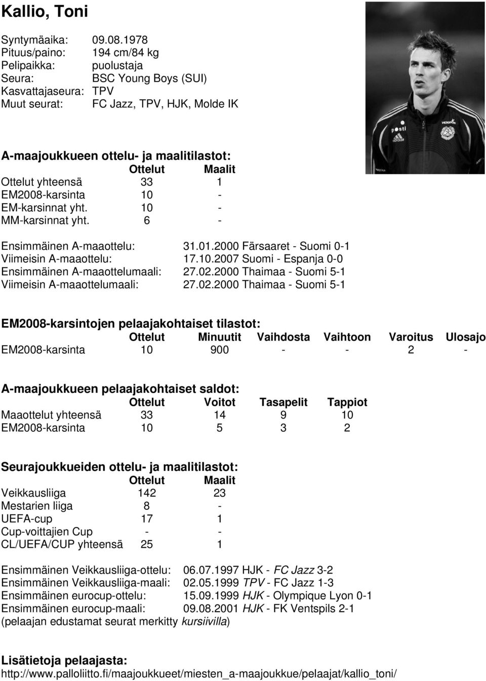 10 - MM-karsinnat yht. 6 - Ensimmäinen A-maaottelu: 31.01.2000 Färsaaret - Suomi 0-1 Viimeisin A-maaottelu: 17.10.2007 Suomi - Espanja 0-0 Ensimmäinen A-maaottelumaali: 27.02.