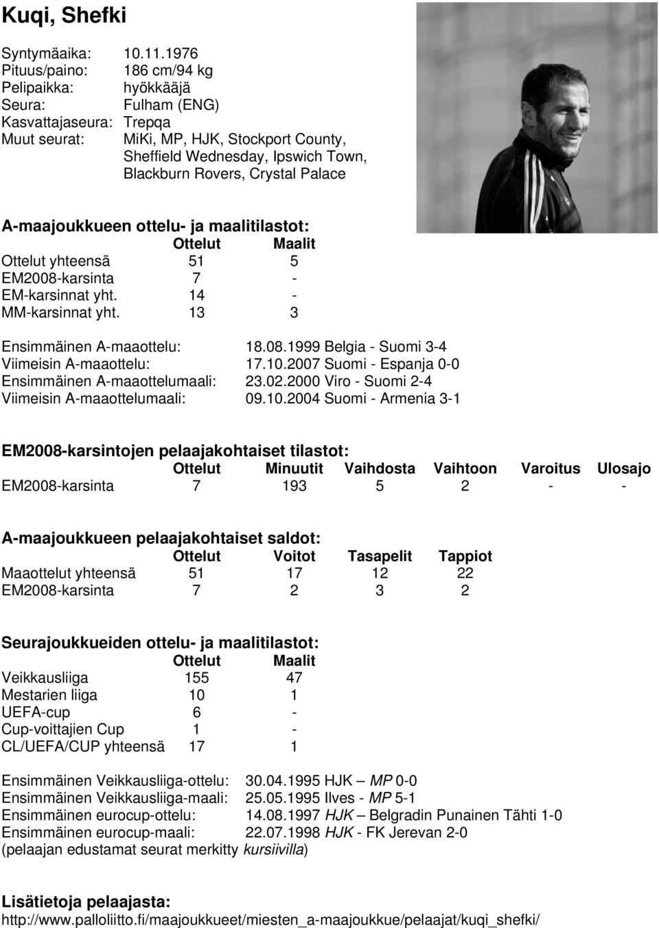 Palace Ottelut yhteensä 51 5 EM2008-karsinta 7 - EM-karsinnat yht. 14 - MM-karsinnat yht. 13 3 Ensimmäinen A-maaottelu: 18.08.1999 Belgia - Suomi 3-4 Viimeisin A-maaottelu: 17.10.