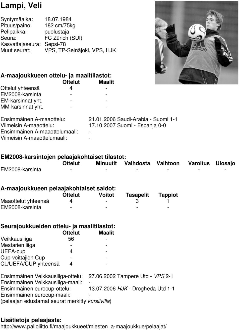 - - MM-karsinnat yht. - - Ensimmäinen A-maaottelu: 21.01.2006 Saudi-Arabia - Suomi 1-1 Viimeisin A-maaottelu: 17.10.