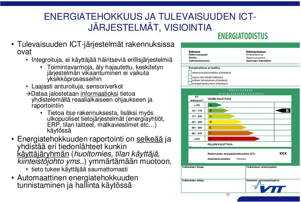 ja raportointiin Tietoa itse rakennuksesta, lisäksi myös ulkopuoliset tietojärjestelmät (energiayhtiöt, ERP, tilan laitteet, matkaviestimet etc ) käytössä Energiatehokkuuden raportointi on selkeää ja