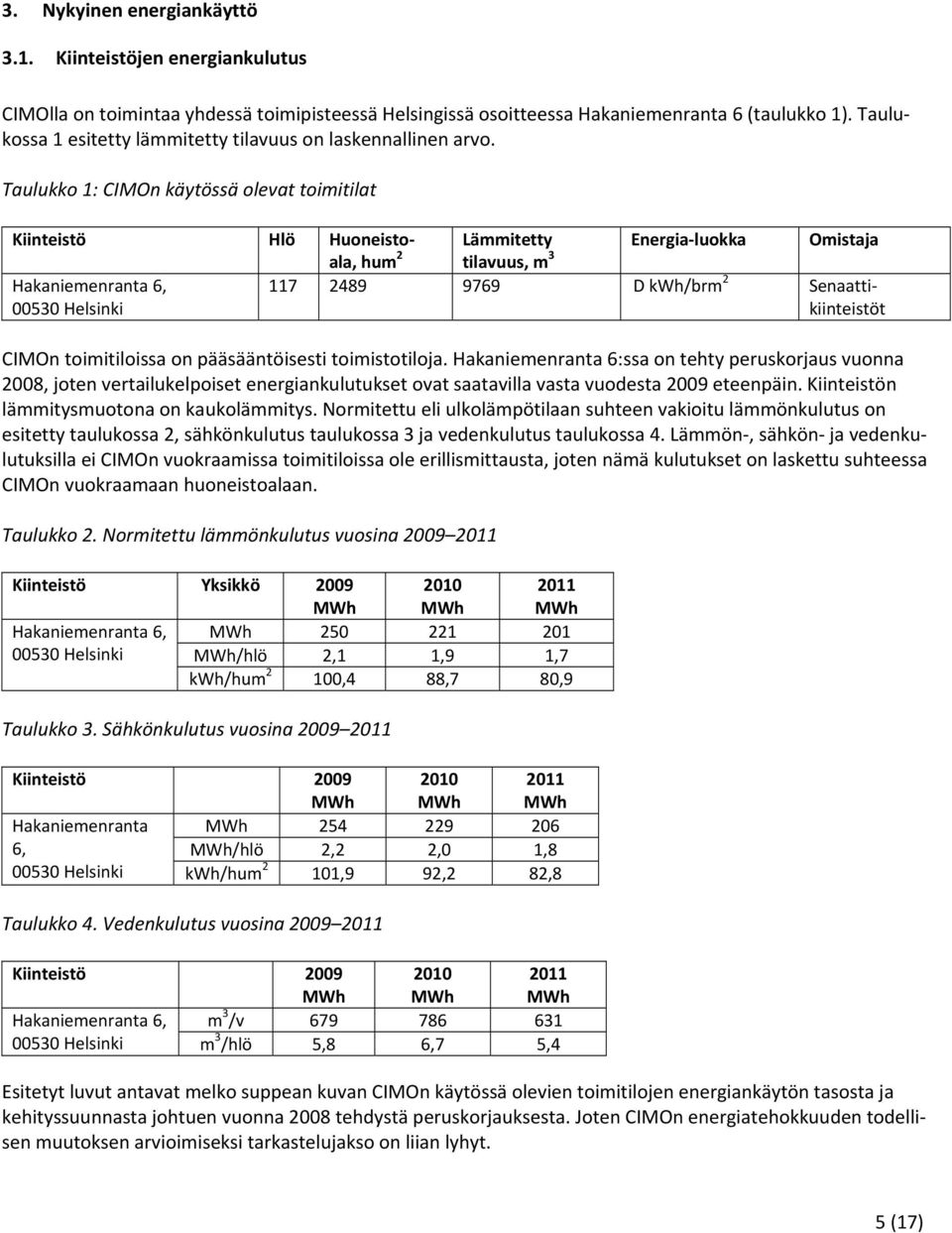 Taulukko 1: CIMOn käytössä olevat toimitilat Energia luokka Omistaja Kiinteistö Hlö Huoneistoala, Lämmitetty hum 2 tilavuus, m 3 Hakaniemenranta 6, 00530 Helsinki 117 2489 9769 D kwh/brm 2