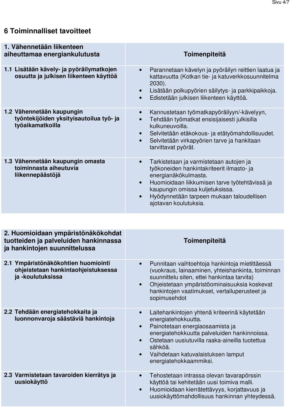 3 Vähennetään kaupungin omasta toiminnasta aiheutuvia liikennepäästöjä Parannetaan kävelyn ja pyöräilyn reittien laatua ja kattavuutta (Kotkan tie- ja katuverkkosuunnitelma 2030).