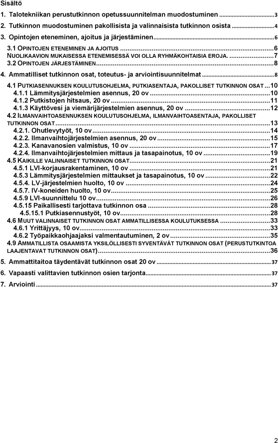 Ammatilliset tutkinnon osat, toteutus- ja arviointisuunnitelmat... 8 4.1 PUTKIASENNUKSEN KOULUTUSOHJELMA, PUTKIASENTAJA, PAKOLLISET TUTKINNON OSAT... 10 4.1.1 Lämmitysjärjestelmien asennus, 20 ov.