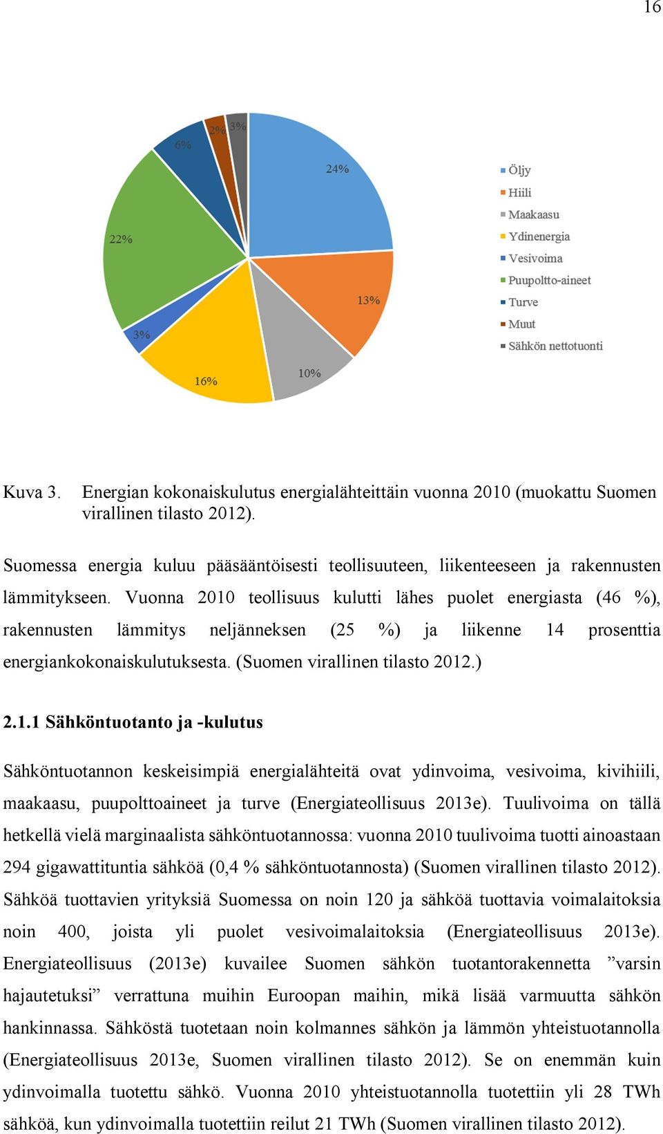 Vuonna 2010 teollisuus kulutti lähes puolet energiasta (46 %), rakennusten lämmitys neljänneksen (25 %) ja liikenne 14 prosenttia energiankokonaiskulutuksesta. (Suomen virallinen tilasto 2012.) 2.1.1 Sähköntuotanto ja -kulutus Sähköntuotannon keskeisimpiä energialähteitä ovat ydinvoima, vesivoima, kivihiili, maakaasu, puupolttoaineet ja turve (Energiateollisuus 2013e).