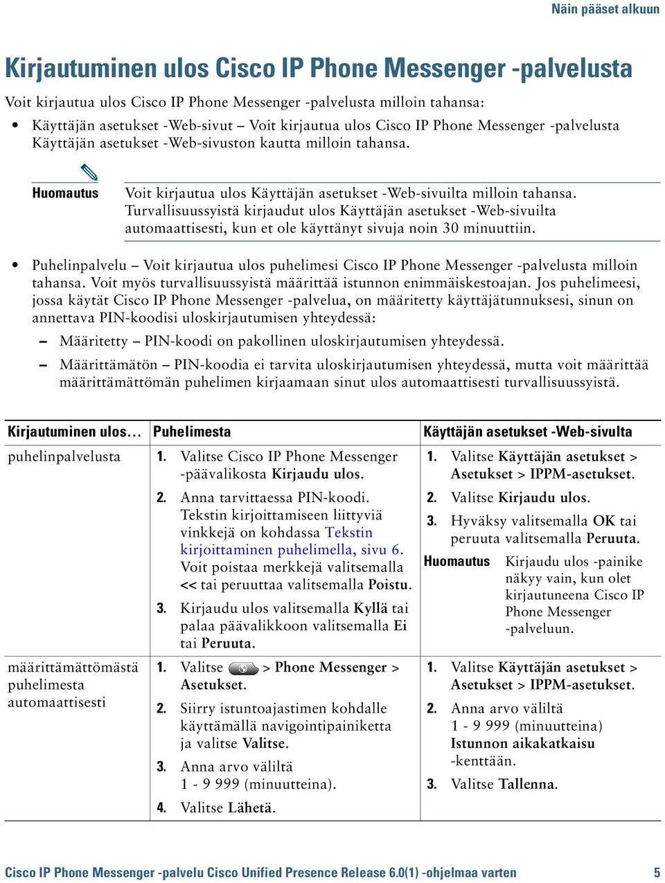 Turvallisuussyistä kirjaudut ulos Käyttäjän asetukset -Web-sivuilta automaattisesti, kun et ole käyttänyt sivuja noin 30 minuuttiin.