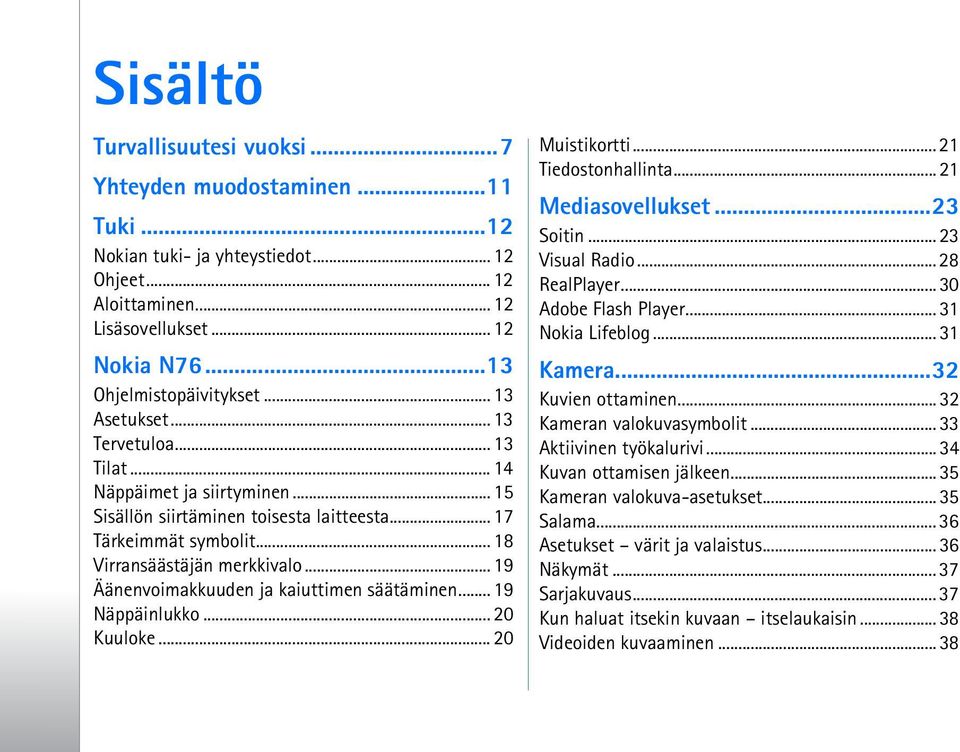 .. 19 Äänenvoimakkuuden ja kaiuttimen säätäminen... 19 Näppäinlukko... 20 Kuuloke... 20 Muistikortti... 21 Tiedostonhallinta... 21 Mediasovellukset...23 Soitin... 23 Visual Radio... 28 RealPlayer.