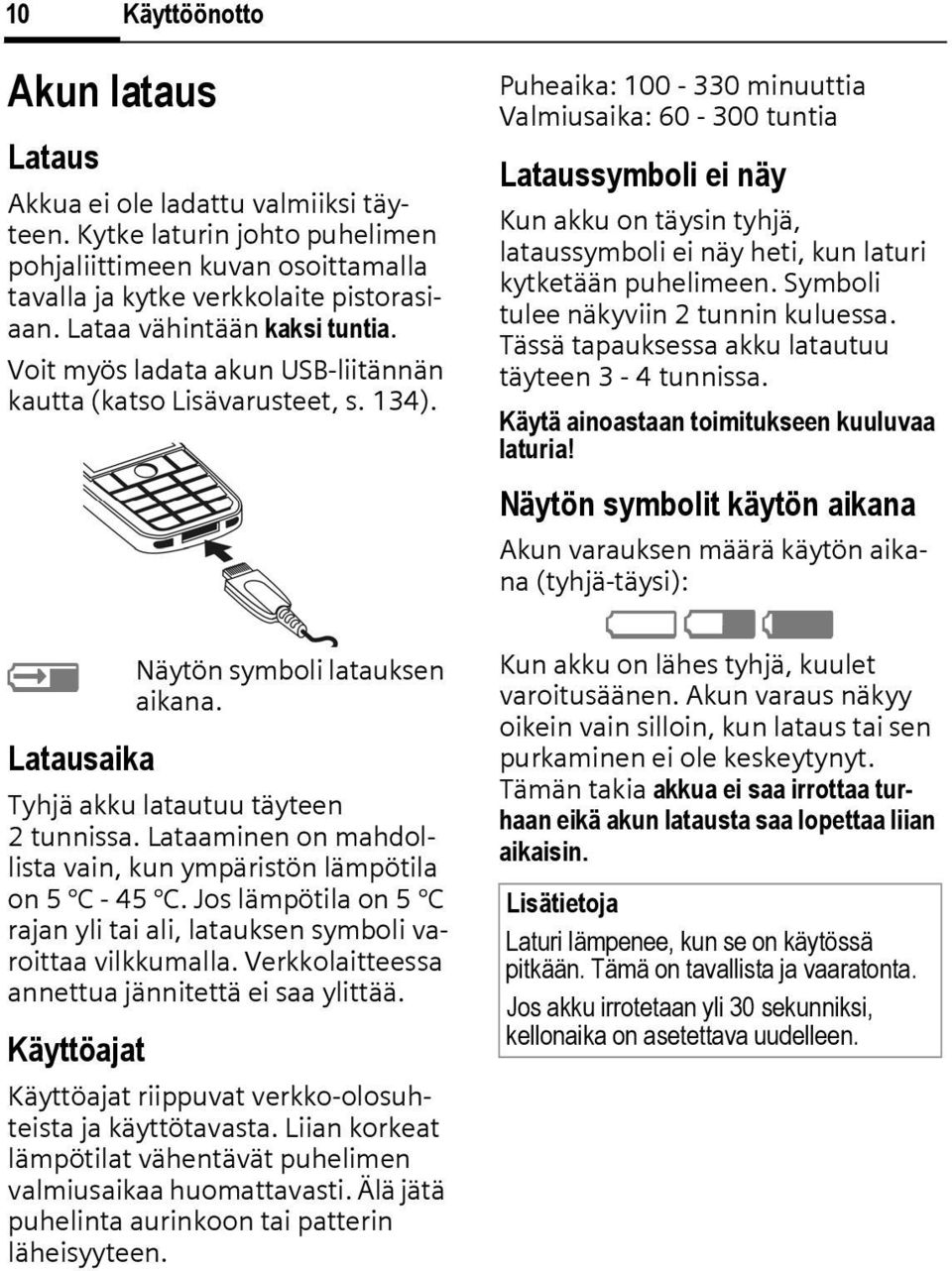 Lataaminen on mahdollista vain, kun ympäristön lämpötila on 5-45. Jos lämpötila on 5 rajan yli tai ali, latauksen symboli varoittaa vilkkumalla. Verkkolaitteessa annettua jännitettä ei saa ylittää.